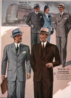 Men and women wearing suits, an example of one of the many modern forms of clothing (from the 1937 Chicago Woolen Mills catalog)